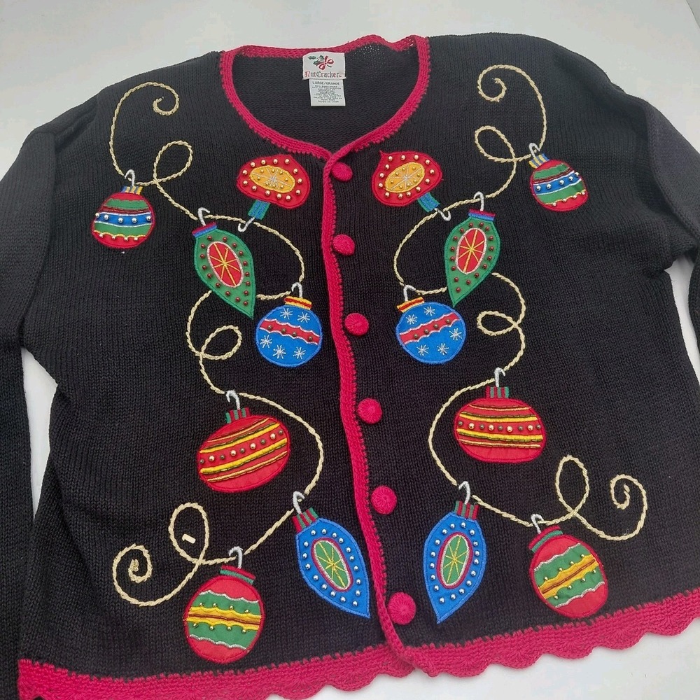 Vtg 90s NutCracker Ugly Christmas Sweater Cardigan L Black Ornaments Beaded